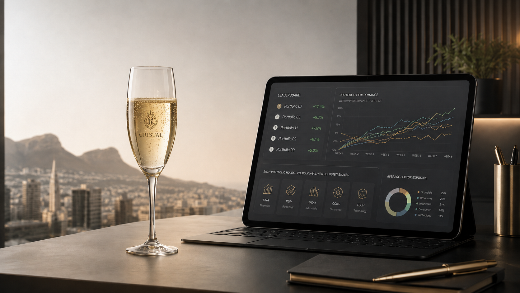 Glass of champagne and laptop showing portfolios 